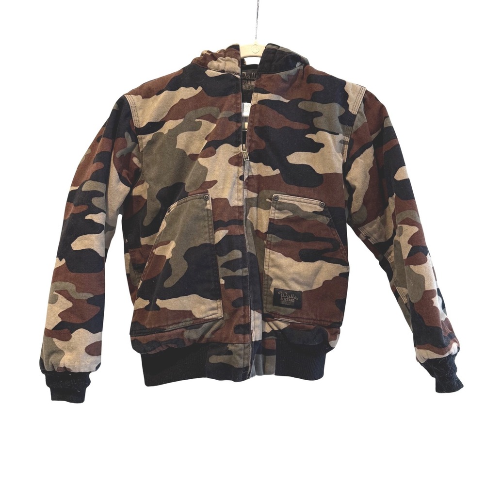 Walls‎ Blizzard Pruf Vintage Green Brown Camo Hooded Bomber Jacket Kids 12/14 YL